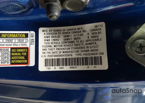 2013 Honda Civic Si z USA, uszkodzony, nr VIN 2HGFG4A59DH703476